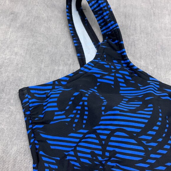 Lands End Tank Suit Women 16 Blue Black Floral Stripe Tropical 1pc Swimsuit - Picture 2 of 10